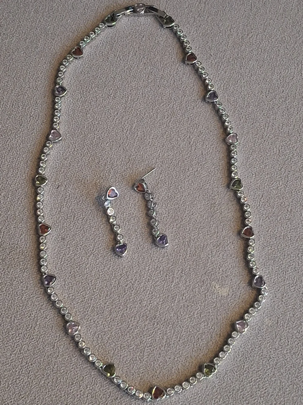 Multicolor Heart Crystal Necklace & Earring Set - Silver Tone